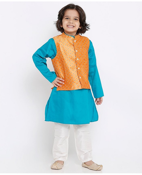 Babyhug Full Sleeves Kurta Pyjama Set with Jacket Polka Dot Print - Orange Blue