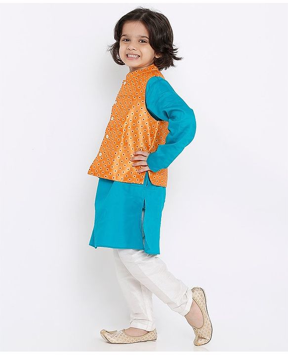 Babyhug Full Sleeves Kurta Pyjama Set with Jacket Polka Dot Print - Orange Blue