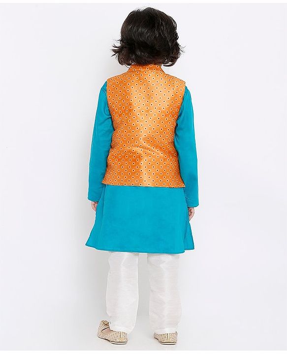 Babyhug Full Sleeves Kurta Pyjama Set with Jacket Polka Dot Print - Orange Blue