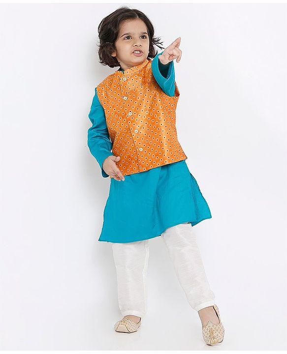 Babyhug Full Sleeves Kurta Pyjama Set with Jacket Polka Dot Print - Orange Blue
