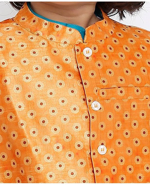 Babyhug Full Sleeves Kurta Pyjama Set with Jacket Polka Dot Print - Orange Blue