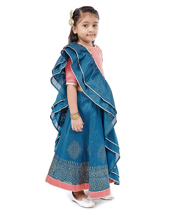 Babyhug Three Fourth Choli & Lehenga With Dupatta Sequin & Lace Detailing - Coral Blue