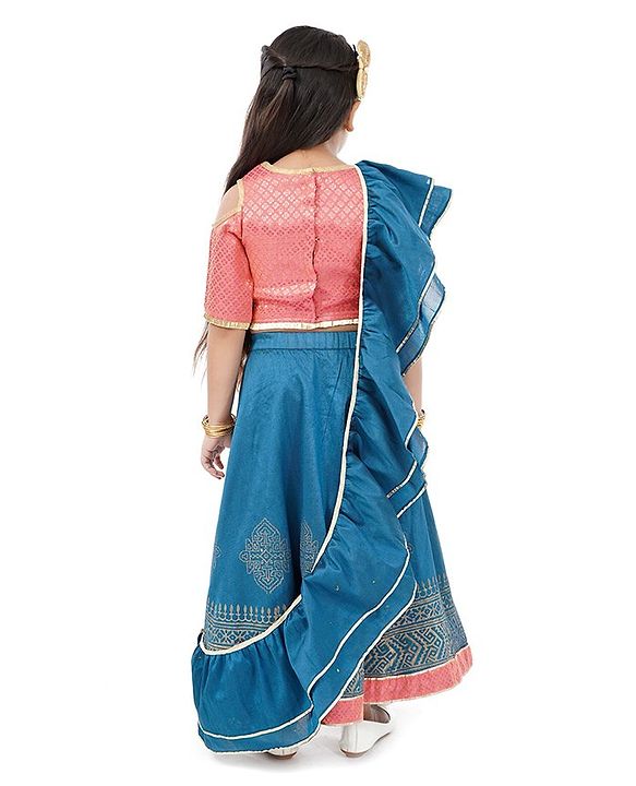 Babyhug Three Fourth Choli & Lehenga With Dupatta Sequin & Lace Detailing - Coral Blue