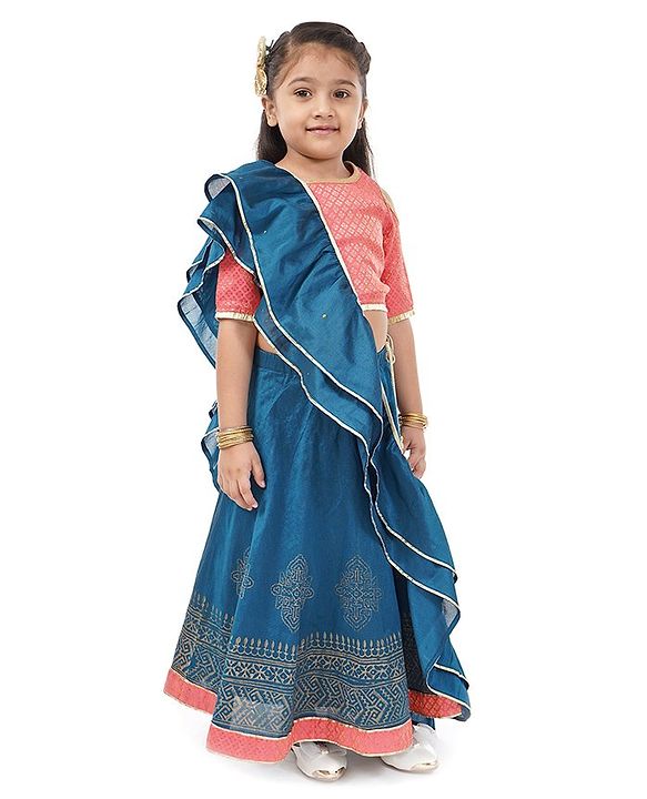 Babyhug Three Fourth Choli & Lehenga With Dupatta Sequin & Lace Detailing - Coral Blue