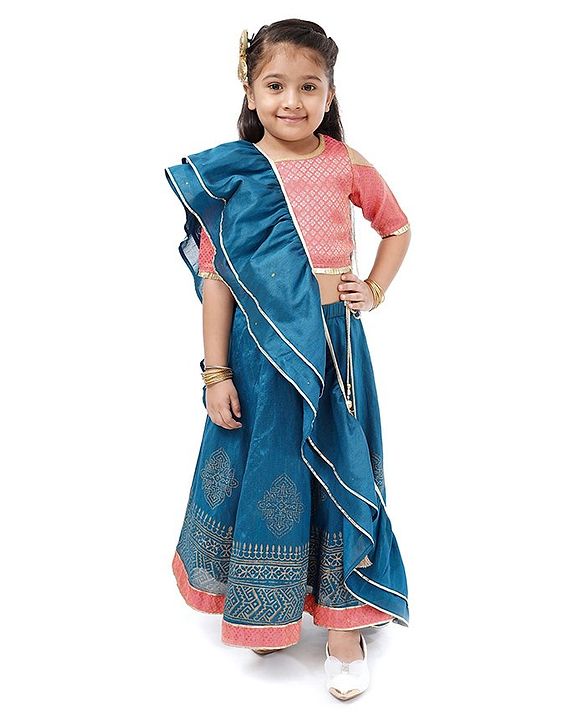 Babyhug Three Fourth Choli & Lehenga With Dupatta Sequin & Lace Detailing - Coral Blue