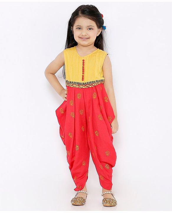 Babyhug Sleeveless Ethnic Jumpsuit Floral Print - Yellow Coral