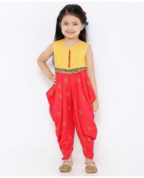 Babyhug Sleeveless Ethnic Jumpsuit Floral Print - Yellow Coral
