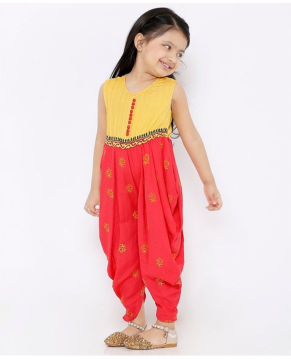 Babyhug Sleeveless Ethnic Jumpsuit Floral Print - Yellow Coral