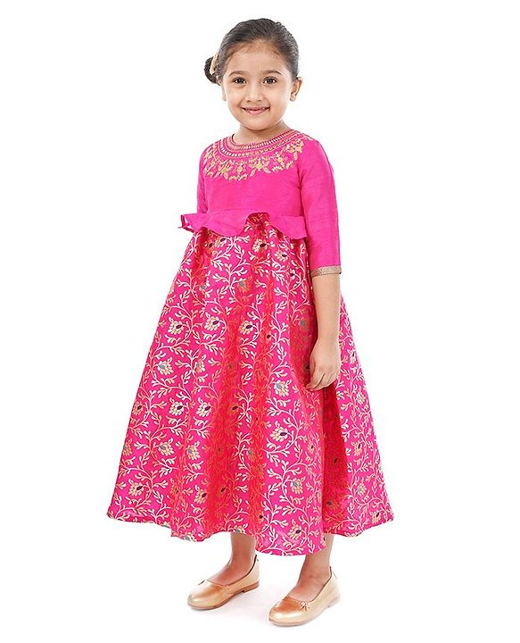 Babyhug Three Fourth Sleeves Long Dress Floral Embroidery - Pink