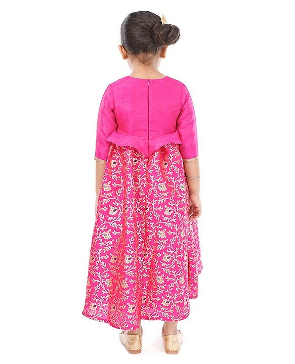 Babyhug Three Fourth Sleeves Long Dress Floral Embroidery - Pink