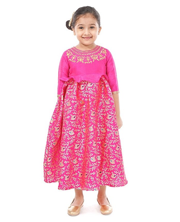 Babyhug Three Fourth Sleeves Long Dress Floral Embroidery - Pink