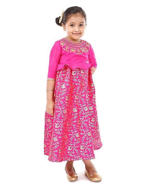 Babyhug Three Fourth Sleeves Long Dress Floral Embroidery - Pink