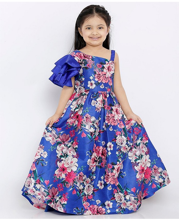 Babyhug Floral Printed Long Dress - Royal Blue