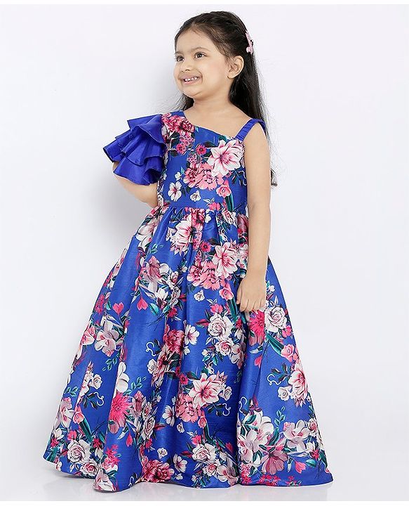 Babyhug Floral Printed Long Dress - Royal Blue