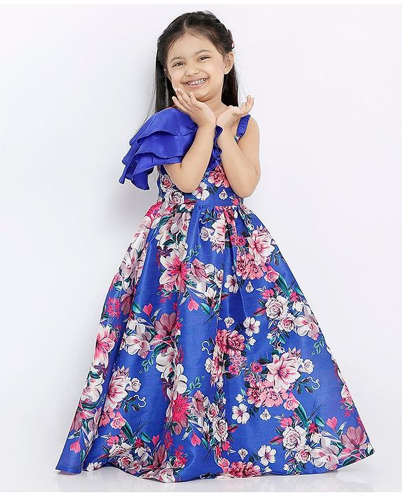 Babyhug Floral Printed Long Dress - Royal Blue