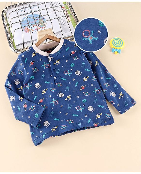 Babyhug Full Sleeves Henley Tee Space Print - Blue