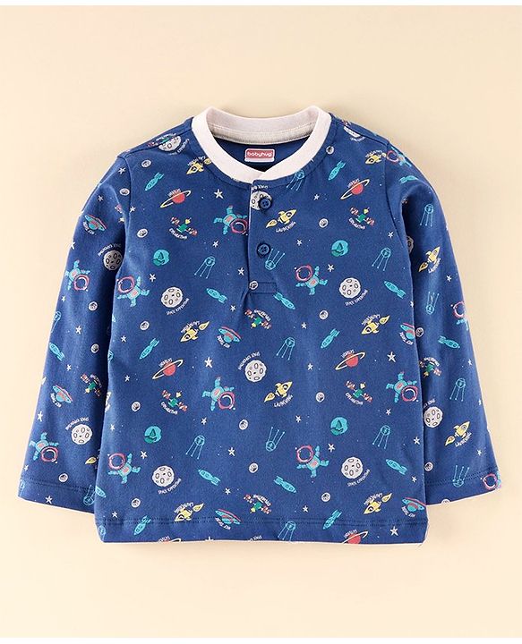 Babyhug Full Sleeves Henley Tee Space Print - Blue