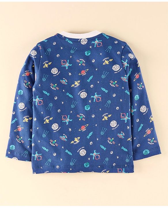 Babyhug Full Sleeves Henley Tee Space Print - Blue