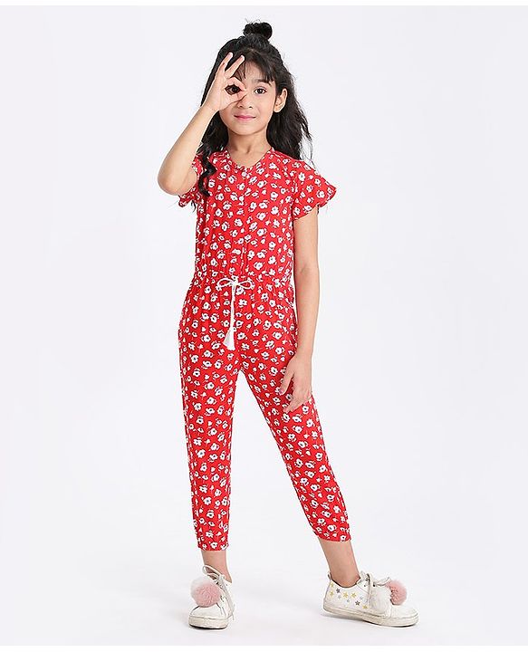 Babyhug Half Length Jumpsuit Floral Print - Red