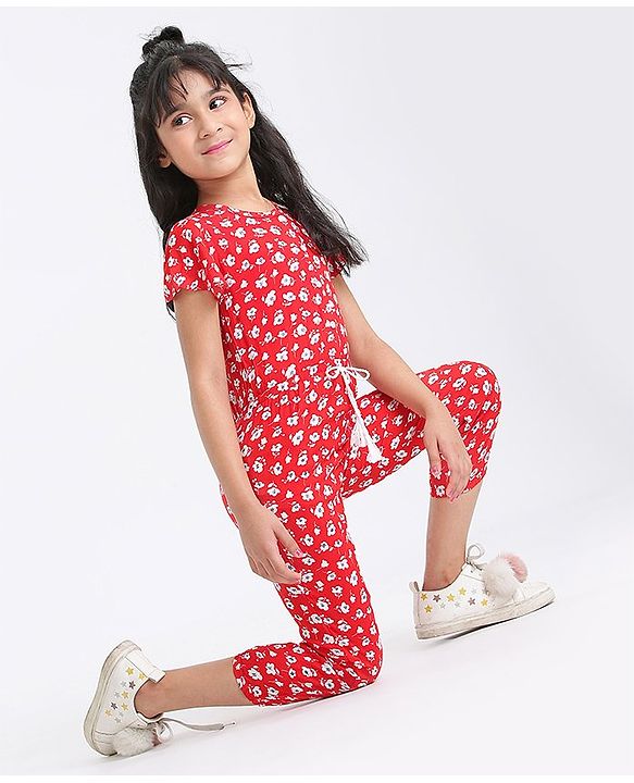 Babyhug Half Length Jumpsuit Floral Print - Red