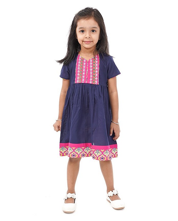 Babyhug Half Sleeves Ethnic Dress Floral Detailing - Navy Blue