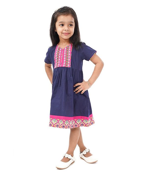 Babyhug Half Sleeves Ethnic Dress Floral Detailing - Navy Blue