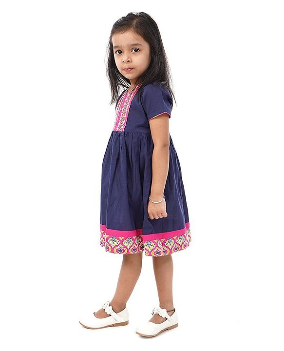 Babyhug Half Sleeves Ethnic Dress Floral Detailing - Navy Blue