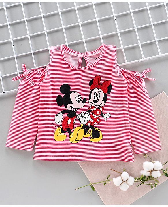 Babyhug Full Sleeves Cold Shoulder Top Minnie Mouse Print - Peach