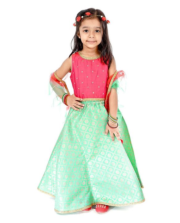 Babyhug Sleeveless Lehenga Set with Brocade Work - Pink Blue