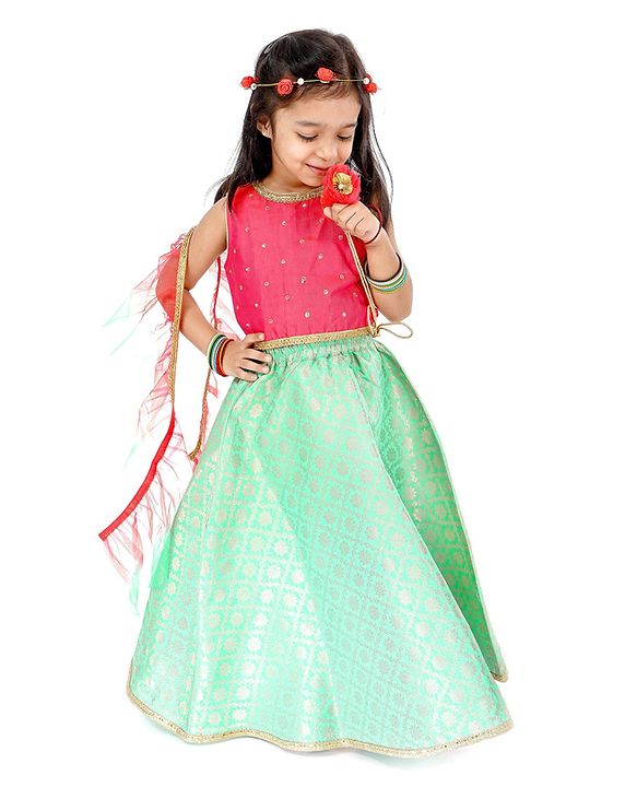 Babyhug Sleeveless Lehenga Set with Brocade Work - Pink Blue