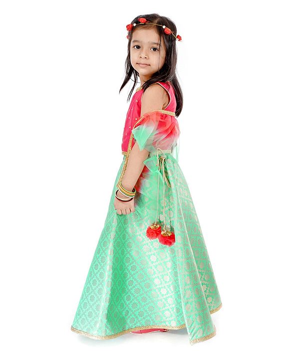 Babyhug Sleeveless Lehenga Set with Brocade Work - Pink Blue