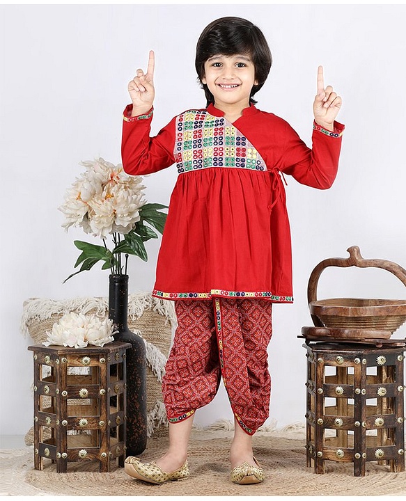 Babyhug Angarkha Style Kurta & Bandhani Dhoti Mirror Detail - Red