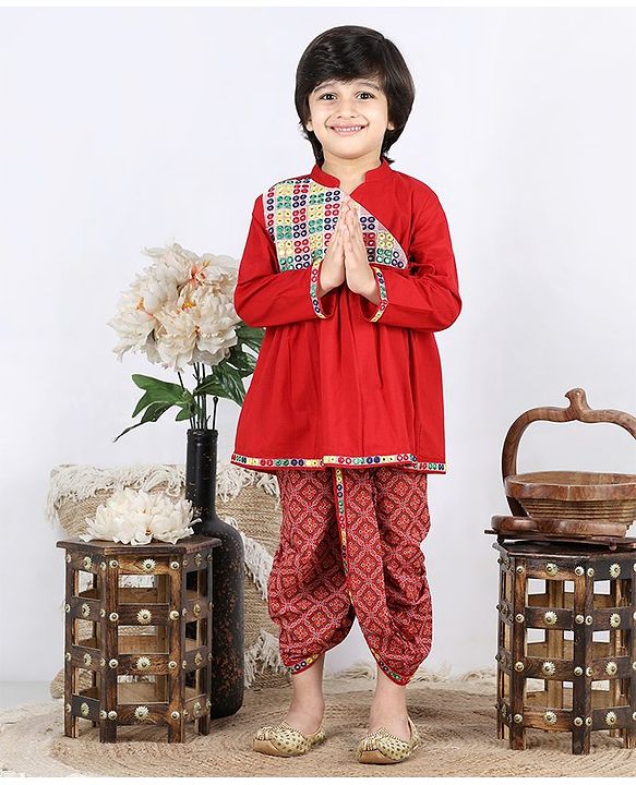 Babyhug Angarkha Style Kurta & Bandhani Dhoti Mirror Detail - Red