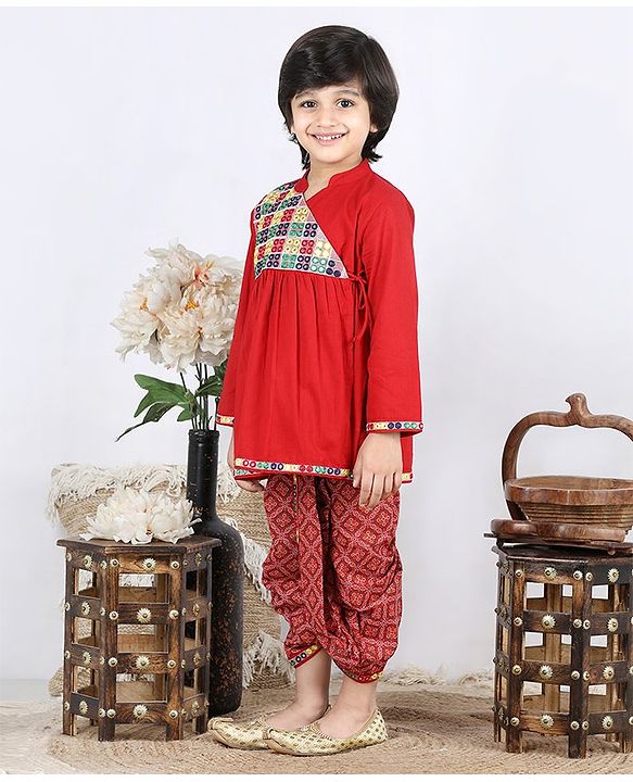 Babyhug Angarkha Style Kurta & Bandhani Dhoti Mirror Detail - Red