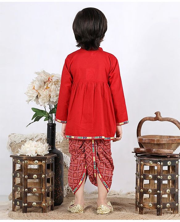 Babyhug Angarkha Style Kurta & Bandhani Dhoti Mirror Detail - Red