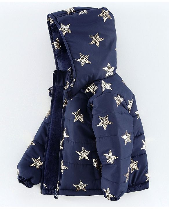 Babyhug Full Sleeves Hooded Padded Jacket Star Print - Navy Blue