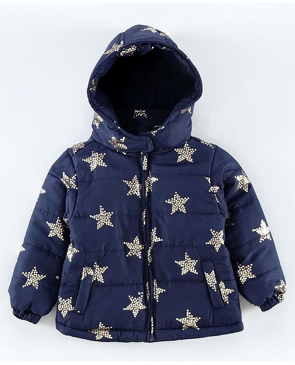Babyhug Full Sleeves Hooded Padded Jacket Star Print - Navy Blue