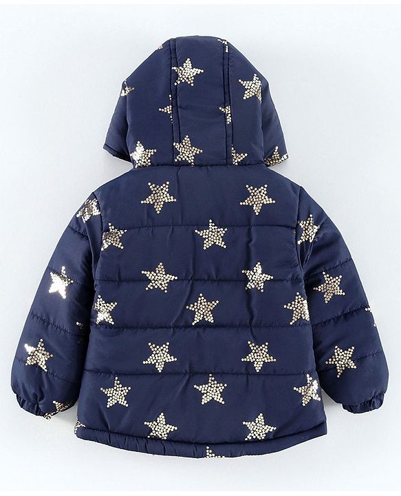Babyhug Full Sleeves Hooded Padded Jacket Star Print - Navy Blue