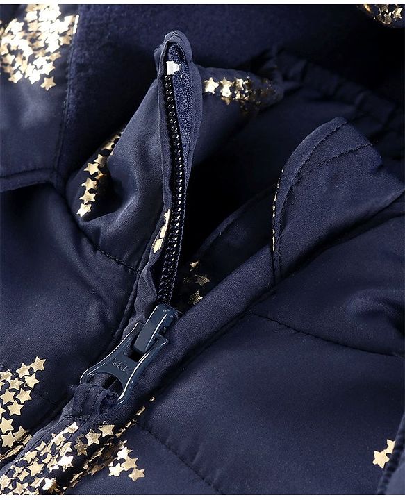 Babyhug Full Sleeves Hooded Padded Jacket Star Print - Navy Blue