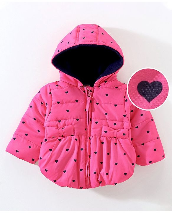 Babyhug Full Sleeves Quilted Hooded Jacket Heart Print - Pink