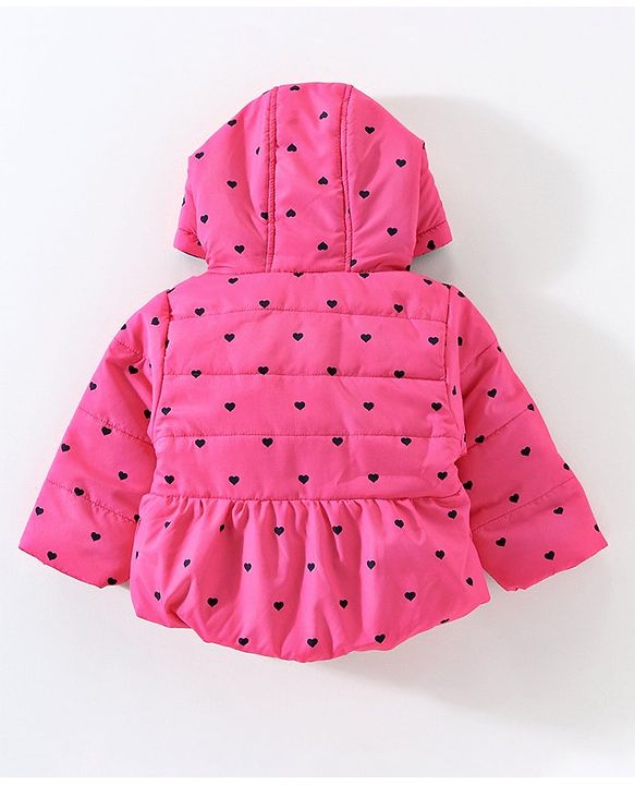 Babyhug Full Sleeves Quilted Hooded Jacket Heart Print - Pink