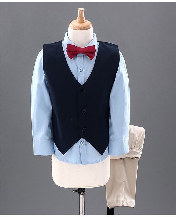 Babyhug 3 Piece Full Sleeves Party Suit With Bow - Beige Blue