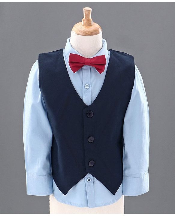 Babyhug 3 Piece Full Sleeves Party Suit With Bow - Beige Blue