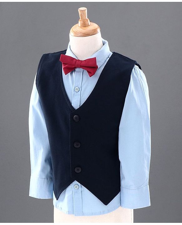 Babyhug 3 Piece Full Sleeves Party Suit With Bow - Beige Blue