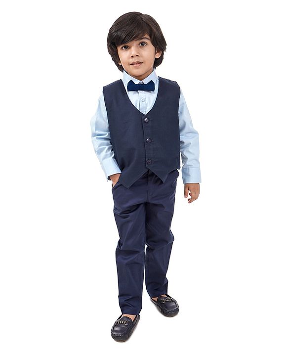 Babyhug Full Sleeves 3 Piece Party Suit with Bow - Blue (Bow Color May Vary) - 18-24m Blue