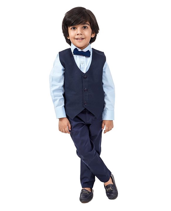 Babyhug Full Sleeves 3 Piece Party Suit with Bow - Blue (Bow Color May Vary) - 18-24m Blue