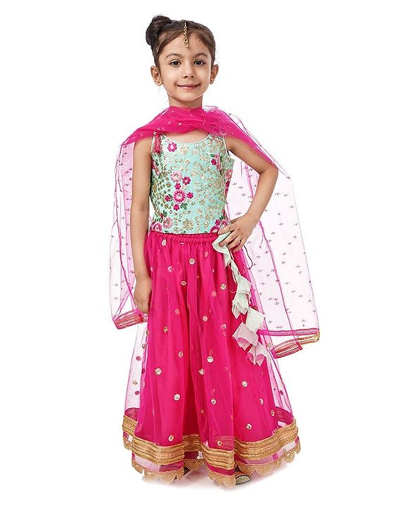 Babyhug Singlet Sleeves Choli and Lehenga with Net Dupatta Floral Embroidery - Green Pink