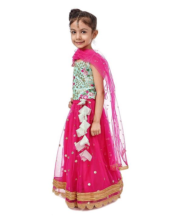 Babyhug Singlet Sleeves Choli and Lehenga with Net Dupatta Floral Embroidery - Green Pink