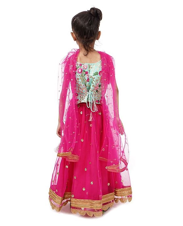 Babyhug Singlet Sleeves Choli and Lehenga with Net Dupatta Floral Embroidery - Green Pink