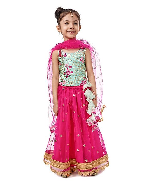 Babyhug Singlet Sleeves Choli and Lehenga with Net Dupatta Floral Embroidery - Green Pink